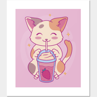 Neko Cat Strawberry Tea Milkshake | Japanese Anime Kawaii Posters and Art